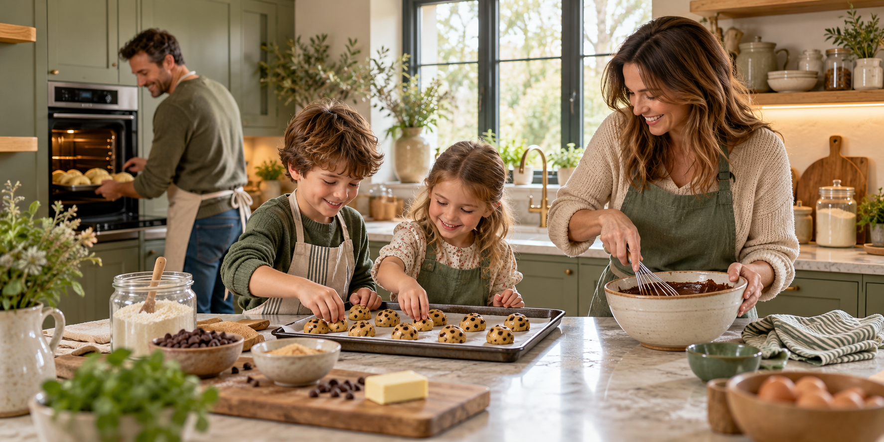 A family baking at home: children arranging cookies, mum mixing a cake and dad baking croissants