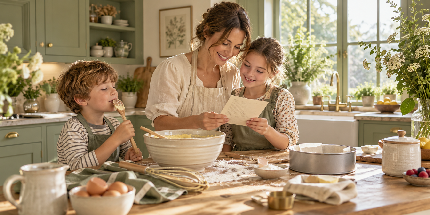 Mum and children reading a recipe card together in a home cake kitchen